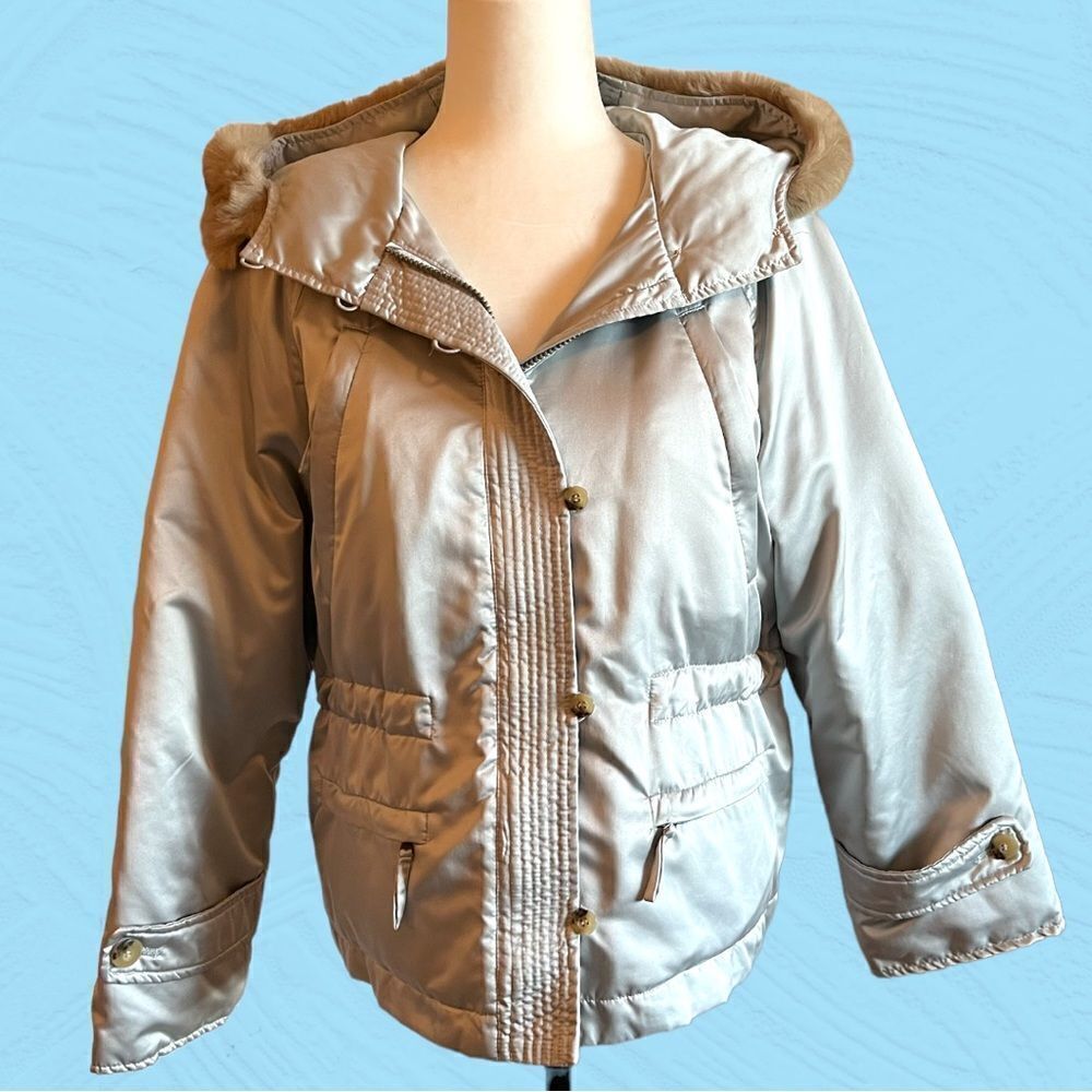 Max Mara Weekend silver winter jacket cinched waist rabbit fur hood. - Picture 5 of 12